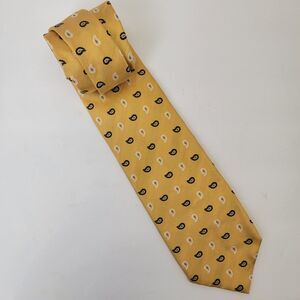 Lands End 100% Silk Yellow with Embroidered Blue/White Paisley Necktie 62x3.5
